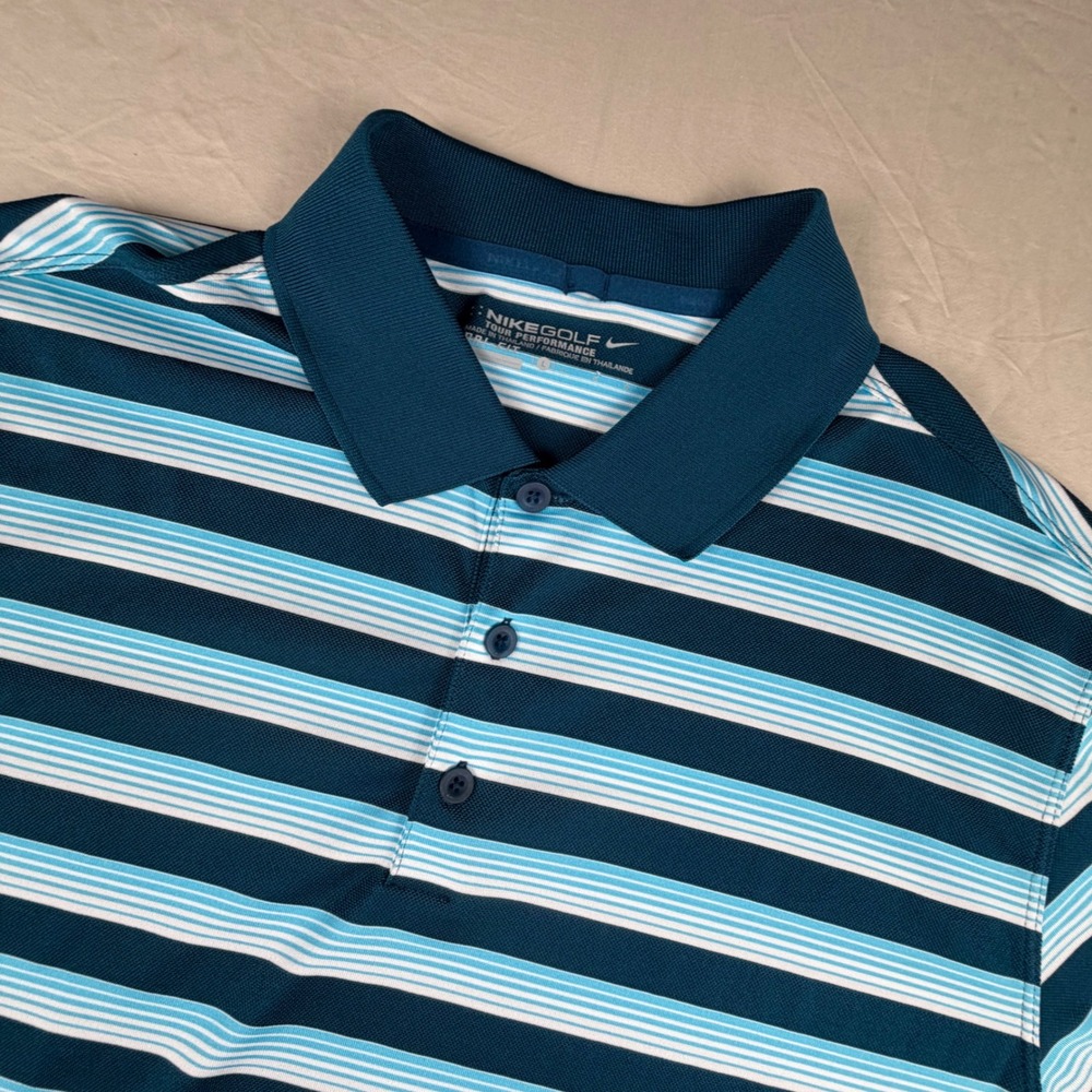 Nike Golf Tour Performance Polo Shirt Mens Large Blue Teal Striped Dri-FIT L